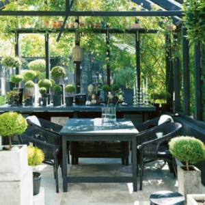 Wintergarten Glasdach einrichten Metallkonstruktion Ikebana Baumkunst Rattanmöbel-schwarz