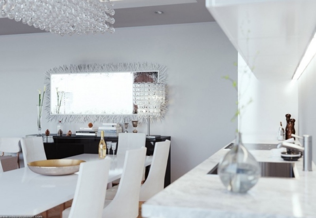 Wohndesign Weiß Küche eingebaut minimalistisch Glanzoberfläche