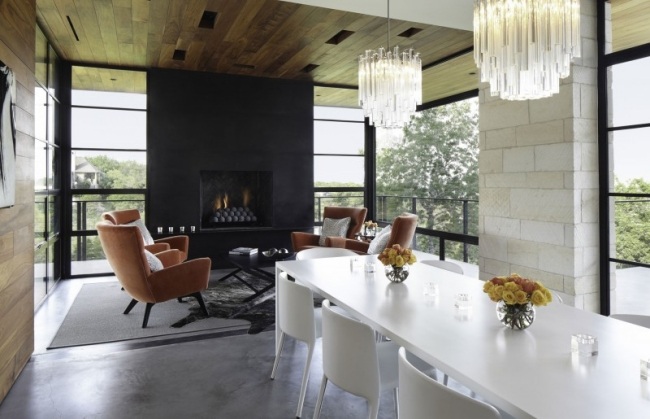 Wohnzimmer Design Kronleuchter Verglasung Indoor-Kamin modern Sessel