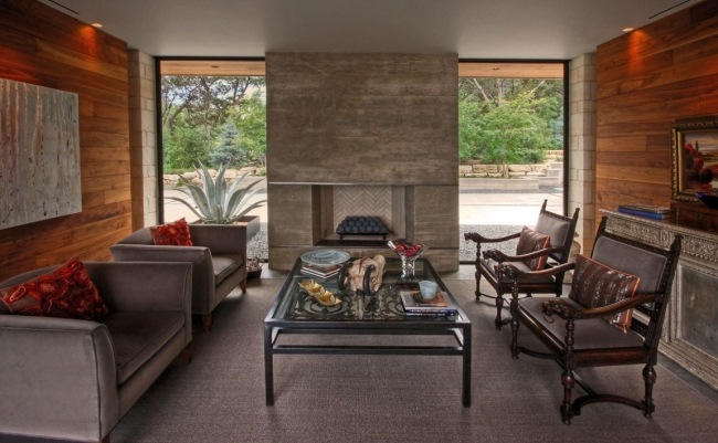 Couch Garnitur Holz Armlehnstühle Sessel-gradlinige Umrisse Kamin-eingebaut Natursteinmauer