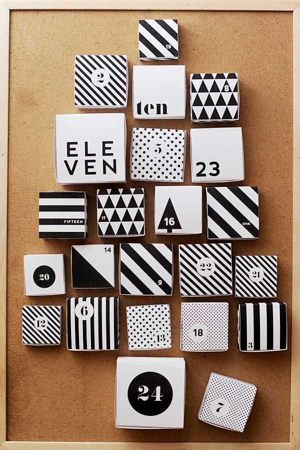 adventskalender papier boxen basteln schwarz weiß geometrische figuren