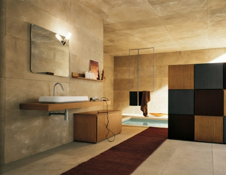 badezimmer fliesen stein braun modern eingelassene badewanne spiegel