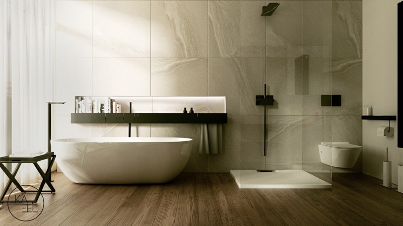 begehbare dusche marmor wand badewanne glas edel