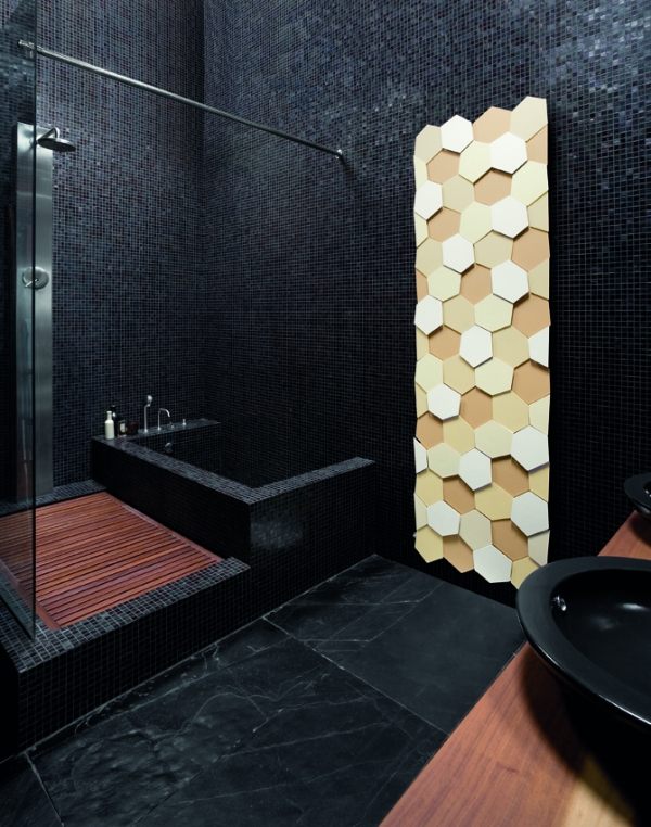 caleido Design Heitkörper modern Honigwaben Optik Led schwarze Mosaikfliesen