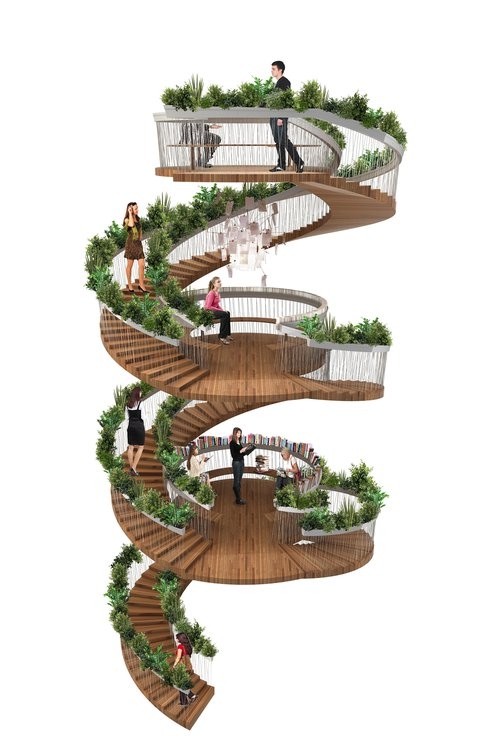 design wendeltreppe holz geländer pflanzen drei etagen