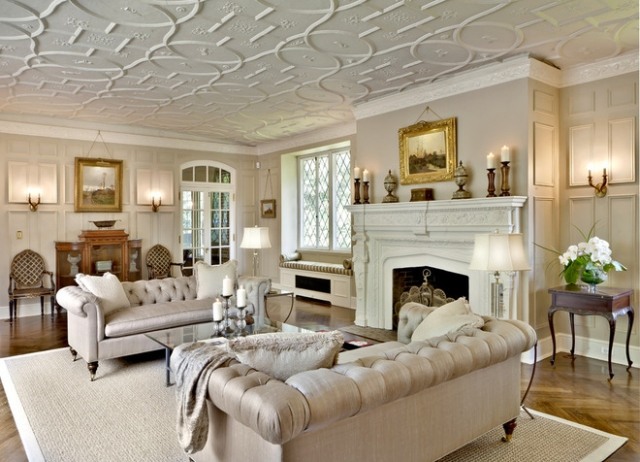 einrichtung viktorianischen stil wohnzimmer kamin creme möbel