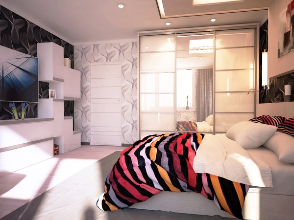 farbiges Schlafzimmer Schrank Tapeten Wohnwand Bettdecke bunt Streifen Muster