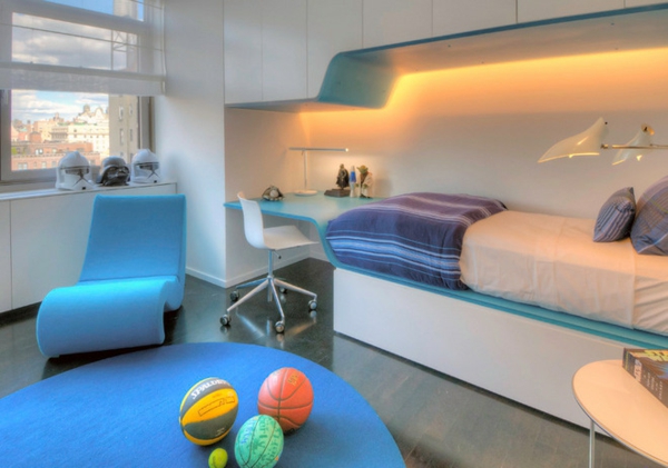 futuristisches Kinderzimmer Bett Kunststoff Schrank blau weiß
