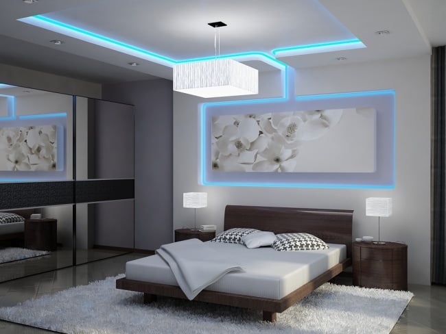 indirekte led deckenbeleuchtung schlafzimmer blau weiß wandgemälde
