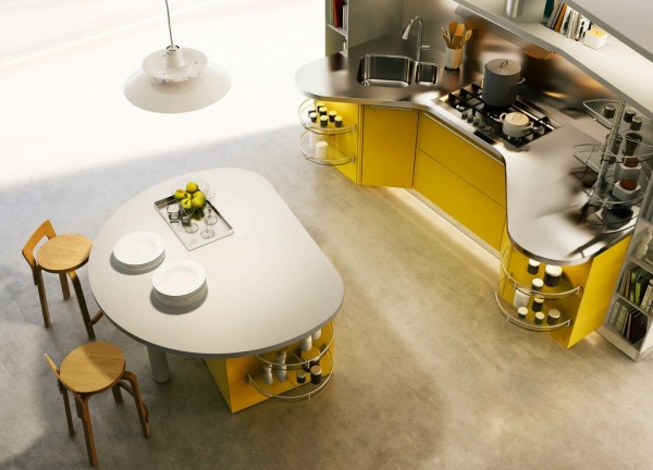 kurvenreiche küche design kücheninsel gelb edelstahl