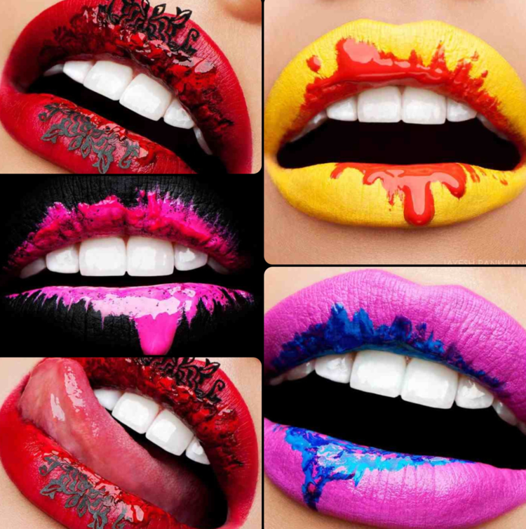 lippen schminken kleckern-design-bunt-farben-gelb-schwarz-rot-pink