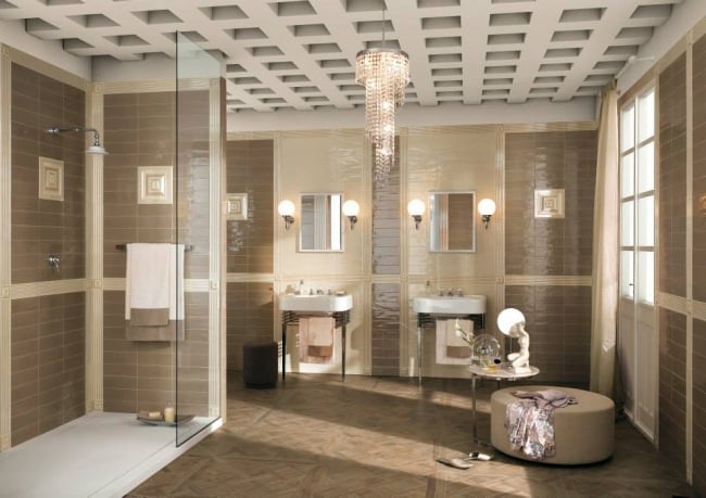 luxus badezimmer braun beige begehbare dusche holz optik bodenfliesen