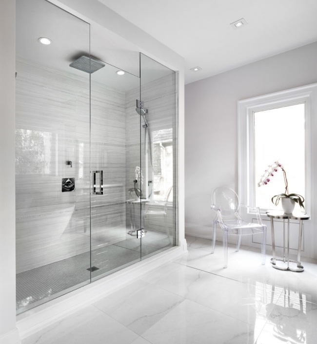minimalistisches bad begehbare glas dusche graue wandfliesen