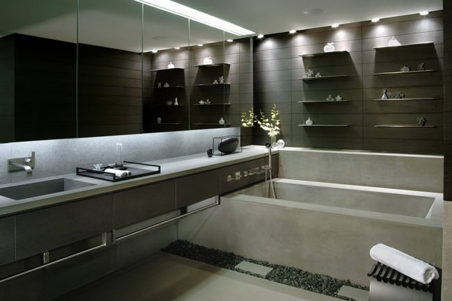 minimalistisches bad wellness ambiente einbauleuchten badewanne