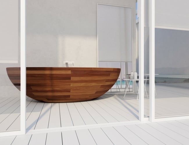 Badewanne Eichenholz Maserung schönes Design weißes Bad