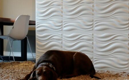 moderne Wandfliesen Design Ideen Wandverkleidung Wohnzimmer Shaggy Teppich Hund