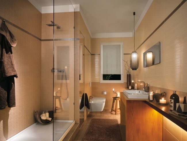 moderne badgestaltungsideen pfirsich begehbare dusche spa ambiente