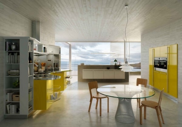 moderne küche snaidero edelstahl hochglanz gelb essbereich