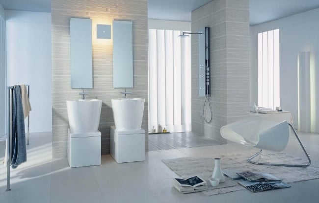 modernes bad design minimalistisch weiß grau freistehende washtische