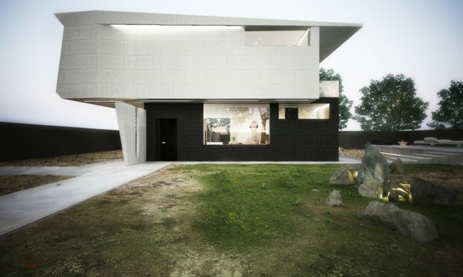 Haus zwei Stockwerke schwarz weiß Fassade