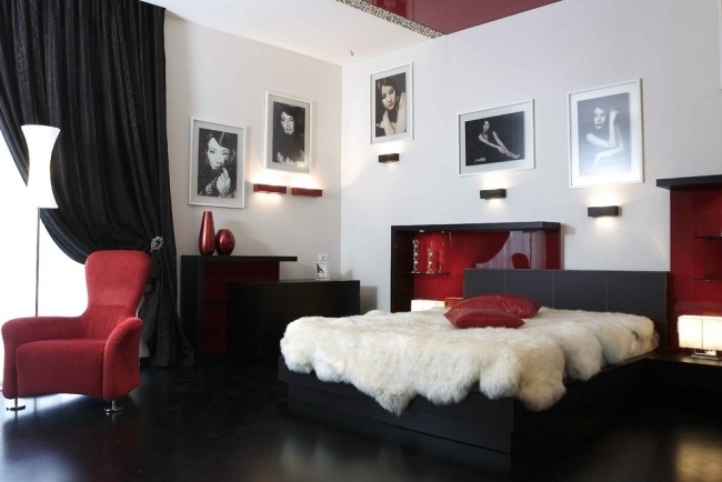 modernes schlafzimmer schwarz rot weißes fell bettdecke