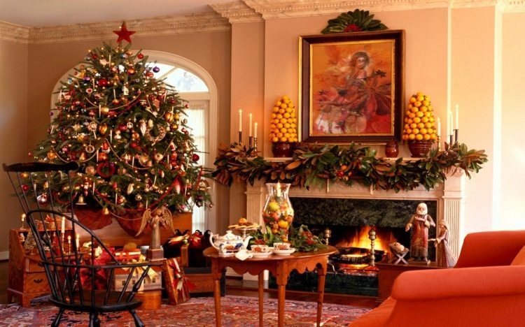 weihnachtsdeko ideen wohnzimmer design orangen kamin arrangement weihnachtsbaum