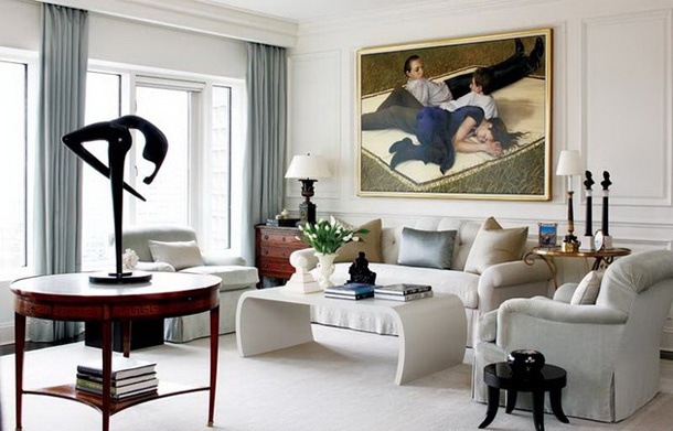 wohnzimmer neoklassischer Einrichtungsstil kunstwerke weiße möbeldeko