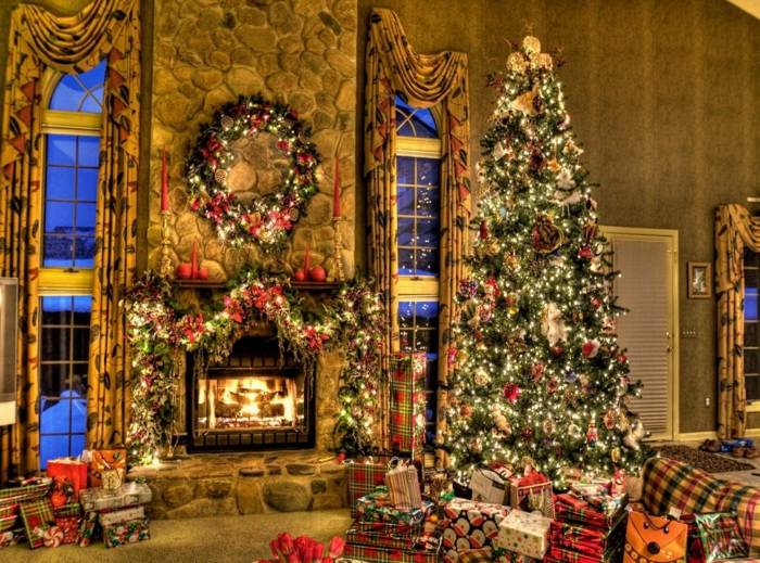 zu weihnachten dekoriert traditionell weihnachtsbaum kranz kamin