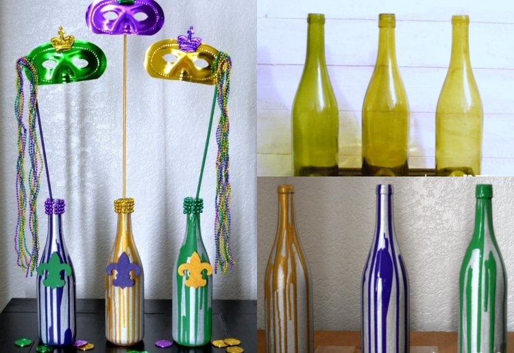 Basteln für Fasching Weinflaschen bemalen und dekorieren Ideen