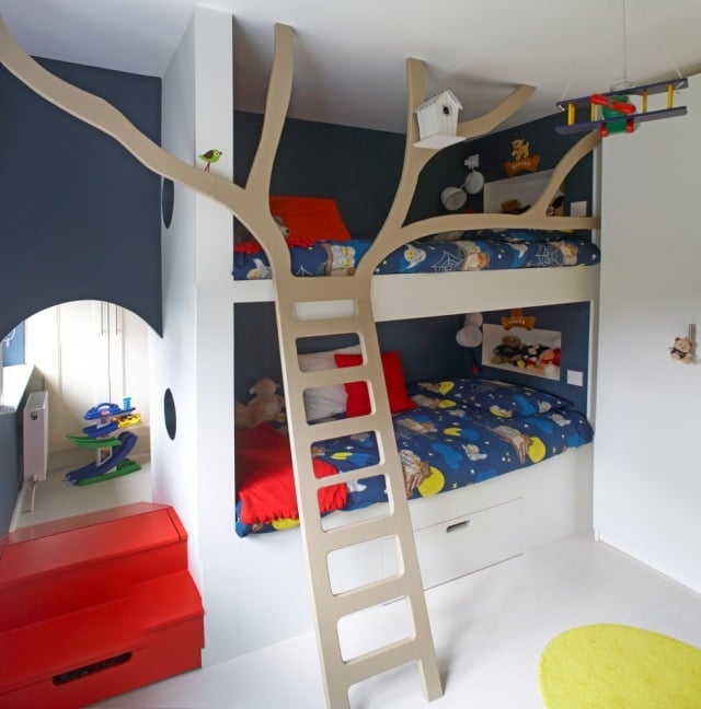 gemusterte BEttwäsche Etagenbett Kinderzimmer-Einrichtung Leiter-Baum modern ideen 
