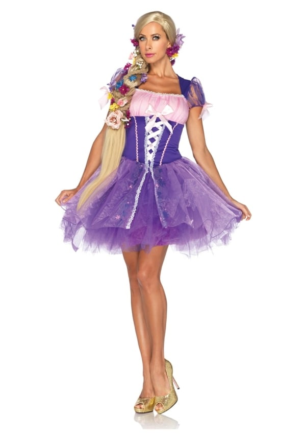 Frauen Rapunzel lila Kleid Perücke Blumen Haar