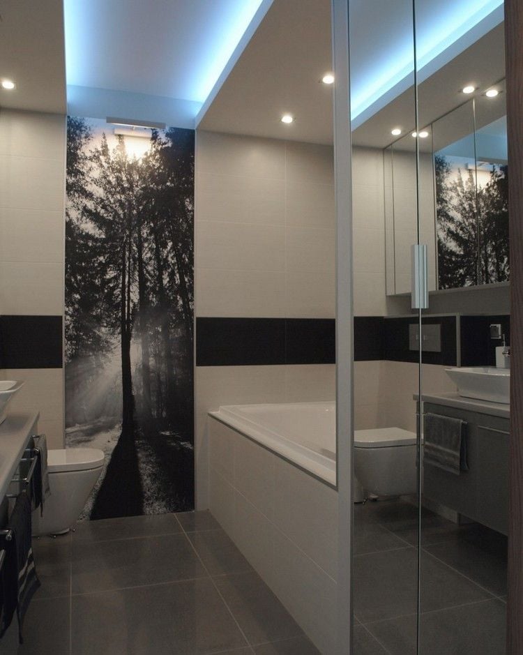 Fototapete Design badezimmer-schwarz-weiss-blaue-led-indirekte-deckenbeleuchtung