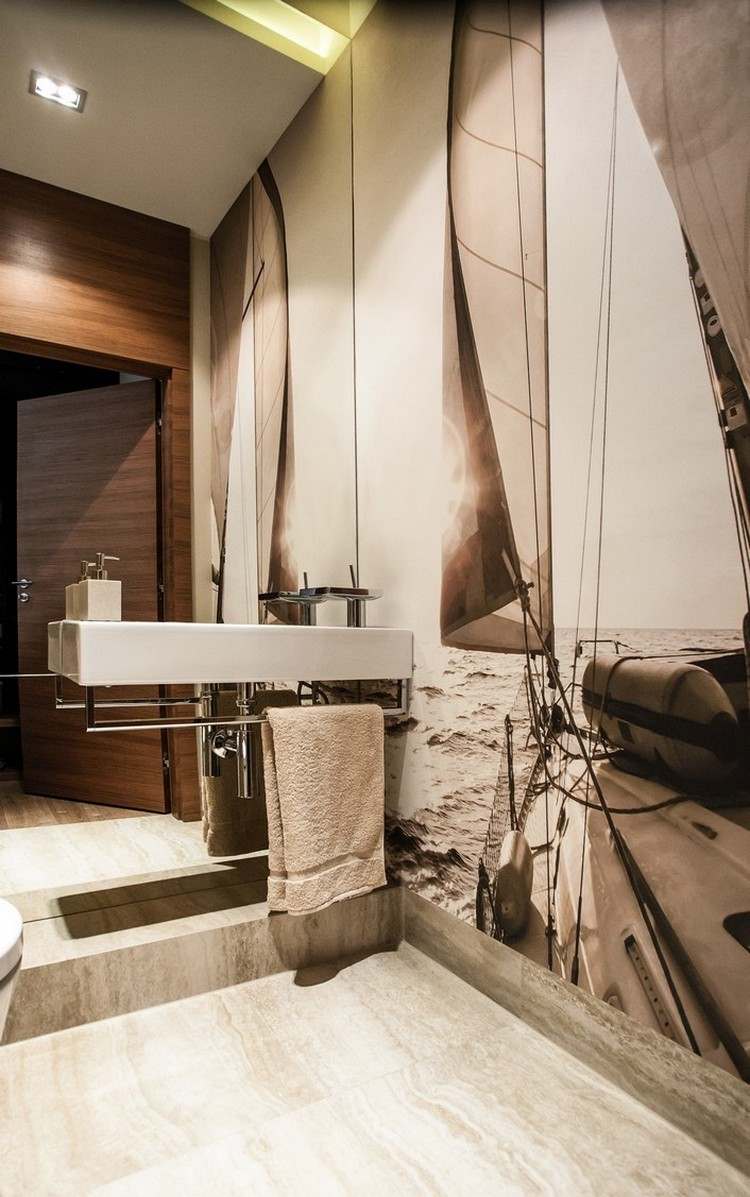 Fototapete Design badezimmer-segelboot-brauntoene-spiegelwand