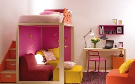 Hochbett Mädchenzimmer rosa Farbe Treppen Geländer Stauraum