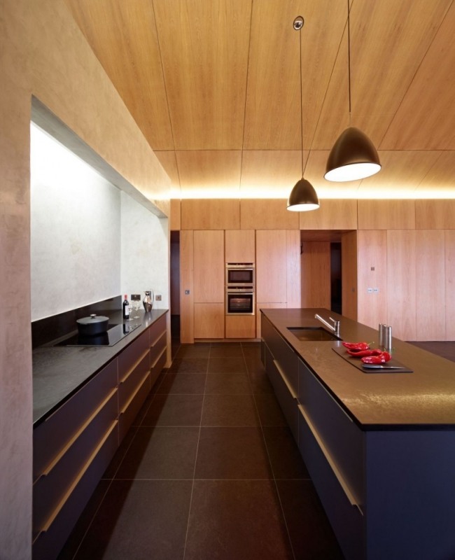 Holztäfelung Küche Haus aus Holz Deckengestaltung-Loft Charakter-Kücheninsel