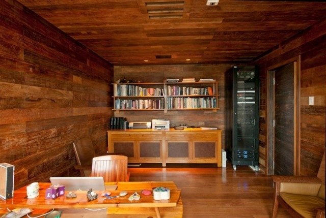 Home-Office einrichten retro Bibliothek-Bücherregale-Holz Wandverkleidung Schreibtisch