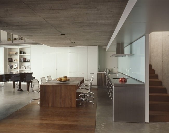 Innenraum Gestaltung Küche offene Bauweise-Edelstahl Holz-Esstisch Design