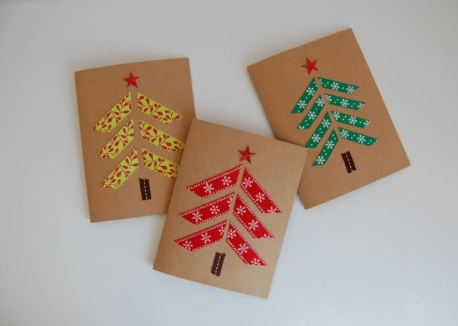 Weihnachtskarten Bastelideen-Farb Karton Schleife-Tannenbaum