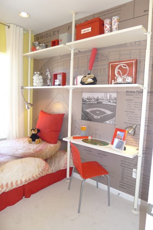 Kinderzimmer Regale-Rot Grau-Farbgestaltung ideen-Carlyn Company-Interiors-Design