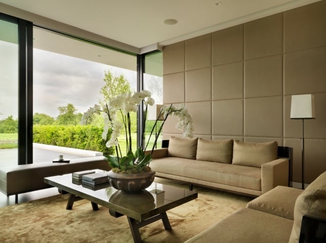 Wandverkleidung Wohnzimmer modern einrichten Leder Sofa Design Ideen