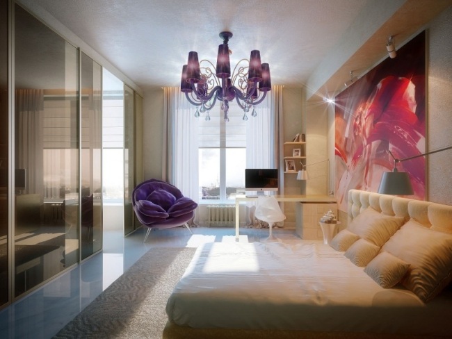 Luxus Schlafzimmer-Bett design Kronleuchter-lila Penthouse-Moskau-Gilyarovskogo-Straße