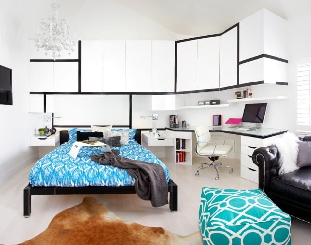 Jugendzimmer Bettwäsche Weiß-Blau grifflose schränke-Dupuis-Design