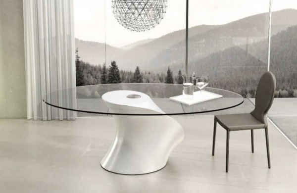 Moderner Rundtisch-Glas futuristisch design tango-Unterseite Harz-Fiberglas glänzend-Weiß