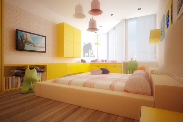 Kinderzimmer bunt Gelb-Schrank Bett Design-Hängeleuchten