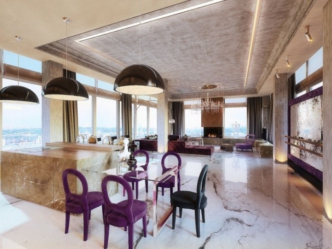 Penthouse wohnung moskau Wohnküche-luxus Einrichtung-Marmor Panoramafenster