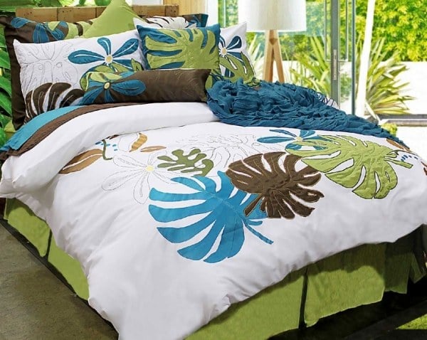 Schlafzimmer grün weiß Bettwäsche kopfkissen kräftige Farben-großformatige Muster