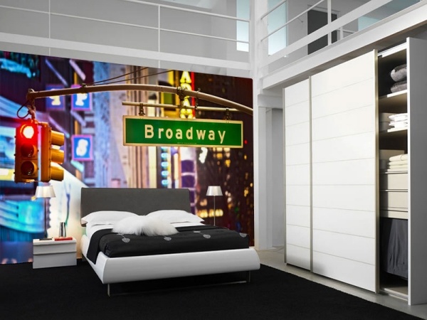 Schlafzimmer Einbau- Schrank schiebetür Wand-Ideen Tapete-anbringen farblich harmonierende-Textilien