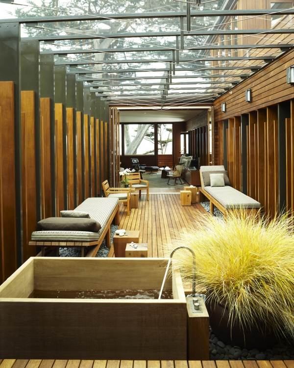 Verglaste Terrasse Verkleidung Holzbelag dach-verglasung Möblierung Winter Pflanzen