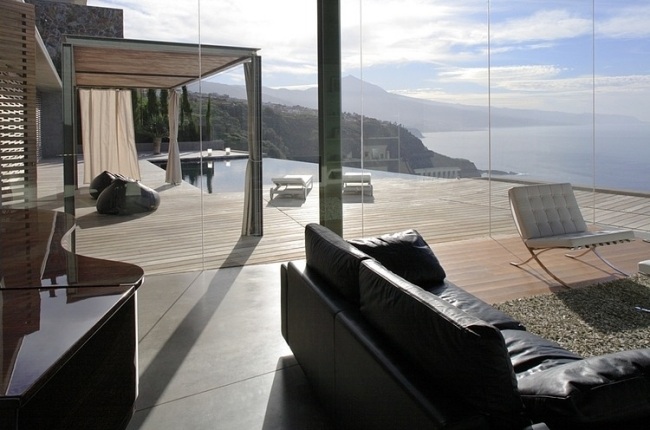 Villa hohe lage-Glas Fensterwand-Atlantischer-Ozean holz Terrasse Pergola-Lounge