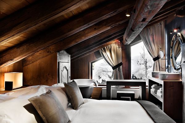 ideen rustikales Schlafzimmer-Innengestaltung-Chalet französische Alpen des Fermes Chambre